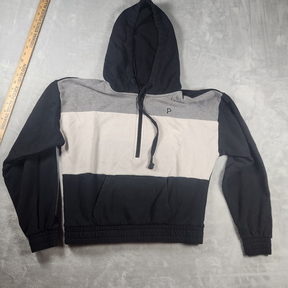 PINK Victoria's Secret 1/4 Zip Hoodie Women XS Black Gray Colorblock Sweatshirt